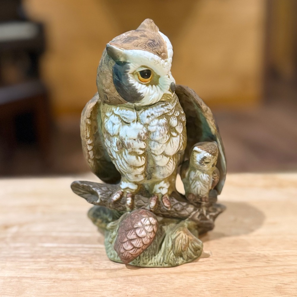 UCGC Ceramic Owl and Owlet Figurine on Branch with Pinecone Taiwan Vintage